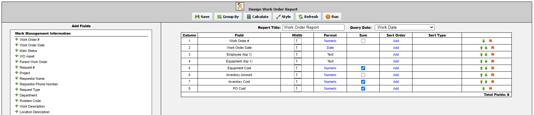 screenshot of the work orders reporting layout