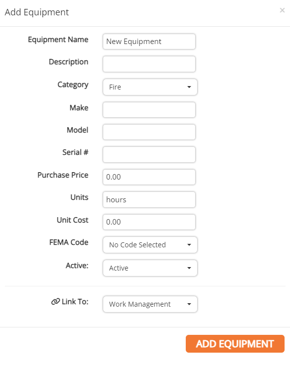 screenshot of the add equipment form