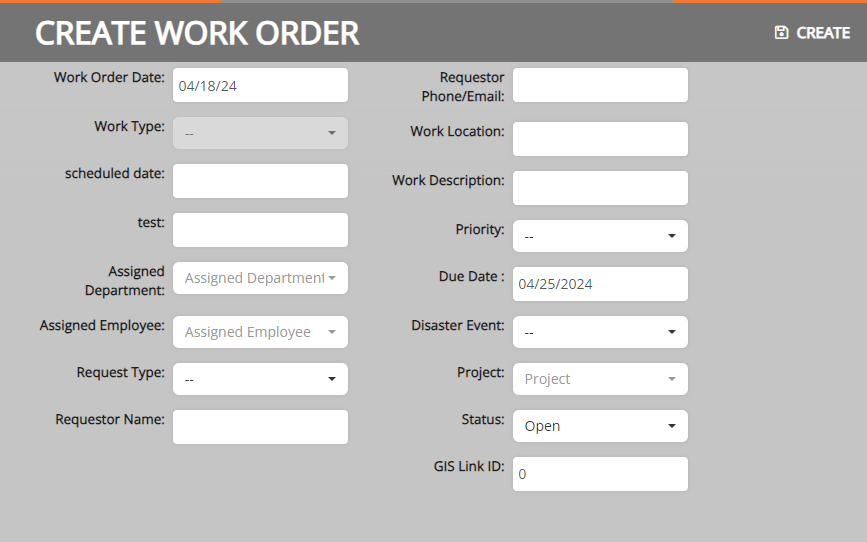 screenshot of the create work order form