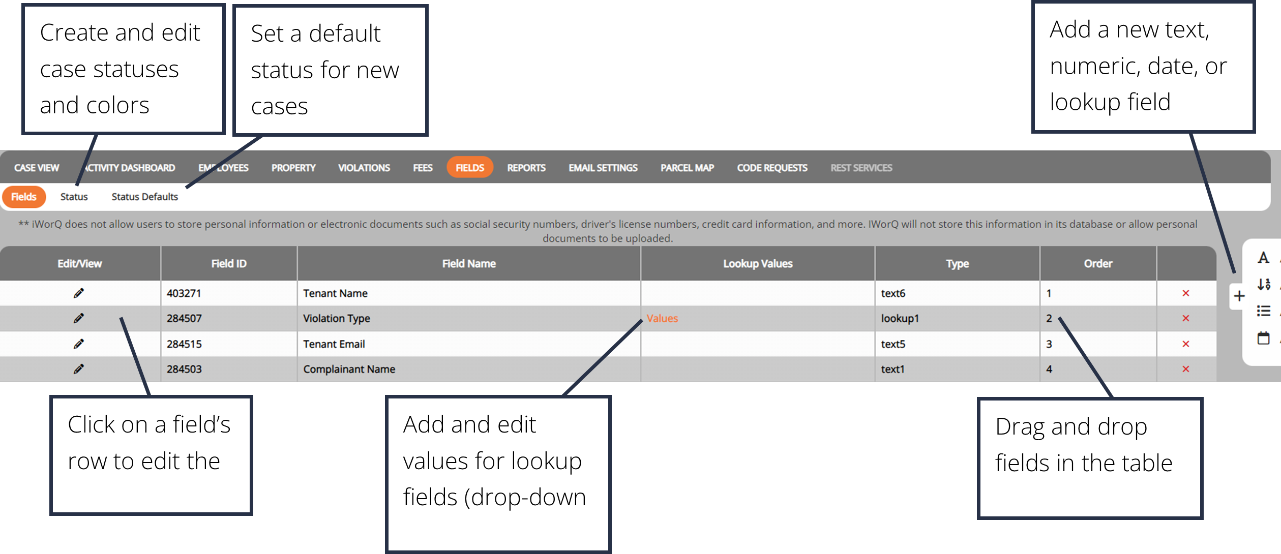 Fields Interface dashboard layout