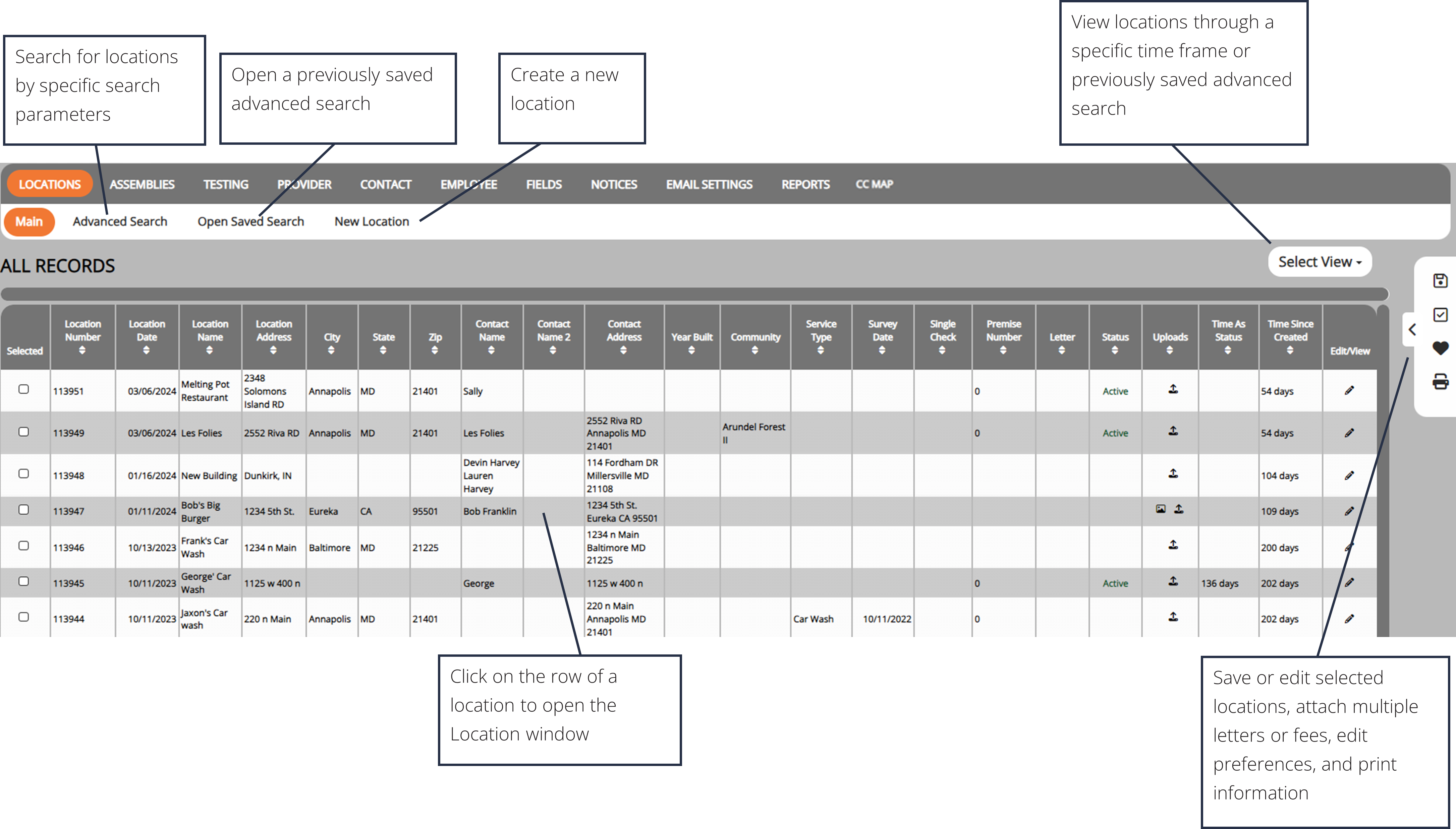 screenshot of the locations dashboard