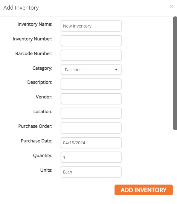 screenshot of the add inventory form