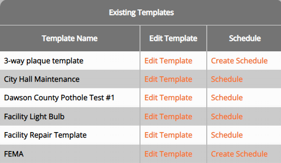 screenshot of the existing templates window