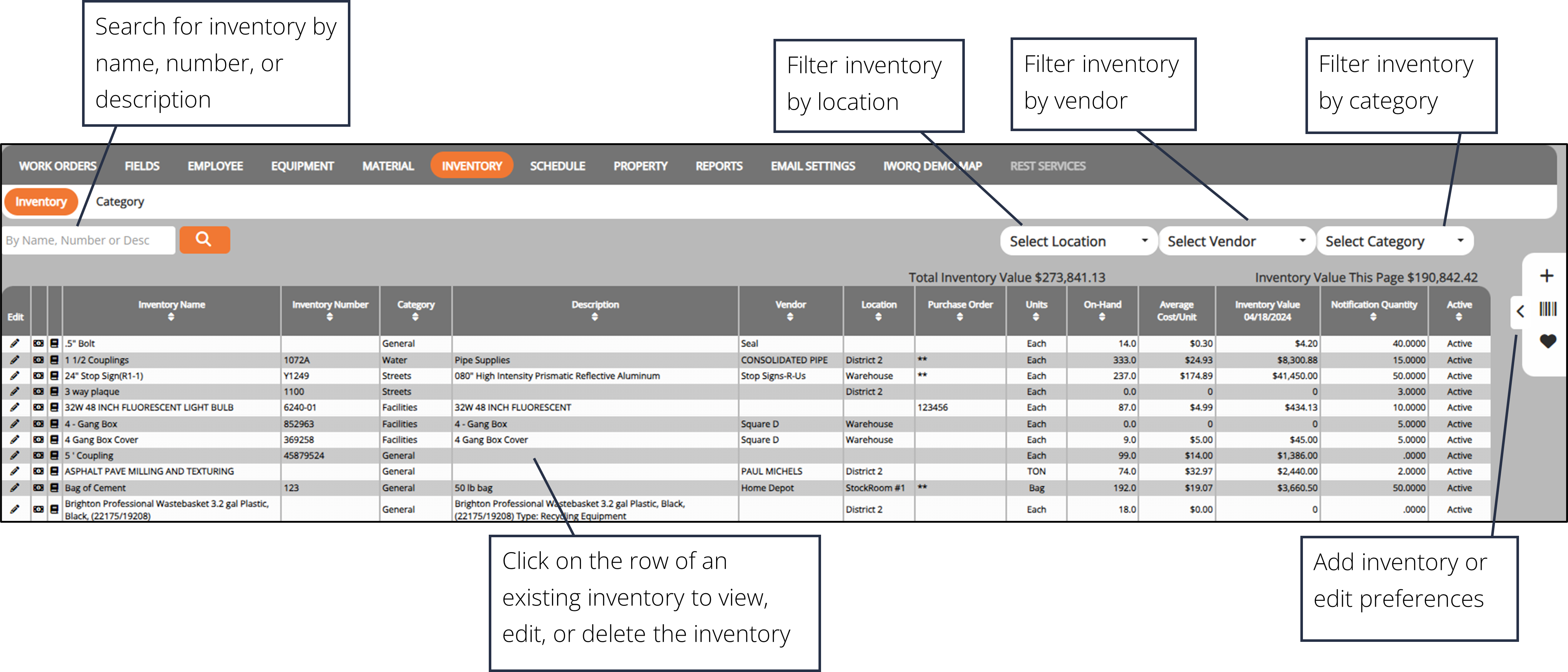 screenshot of the inventory dashboard layout