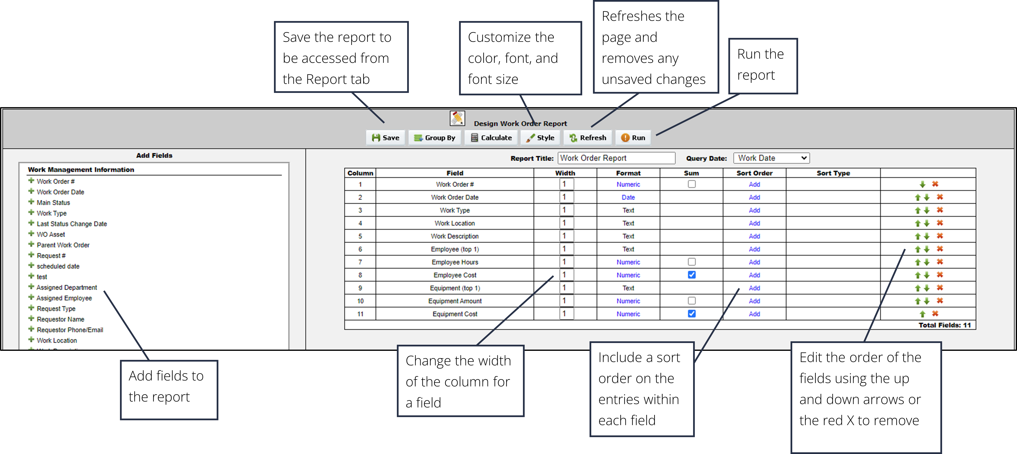 screenshot of the work order reporting layout