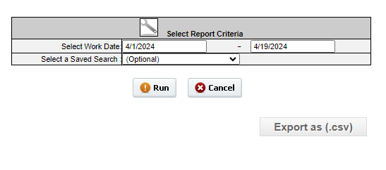 screenshot of the work order report run window