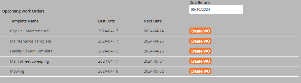 screenshot of the upcoming work orders dashboard