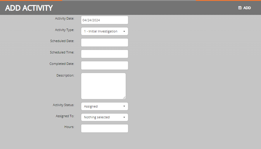 screenshot of the add activity window