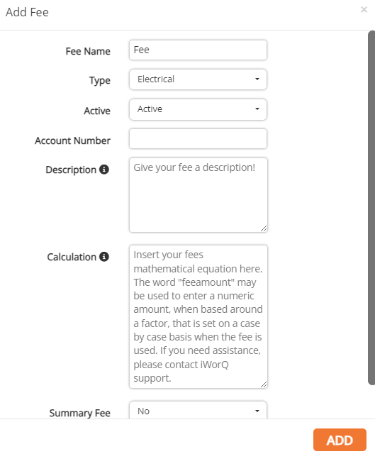 screenshot of the add fee form