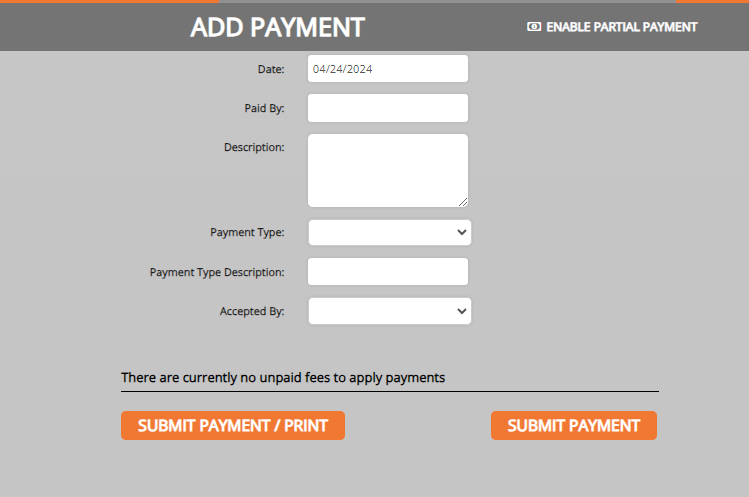 screenshot of the add payment window