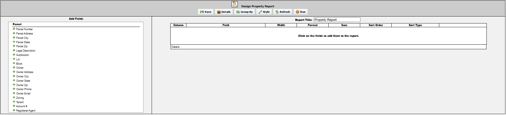 screenshot of the report design window