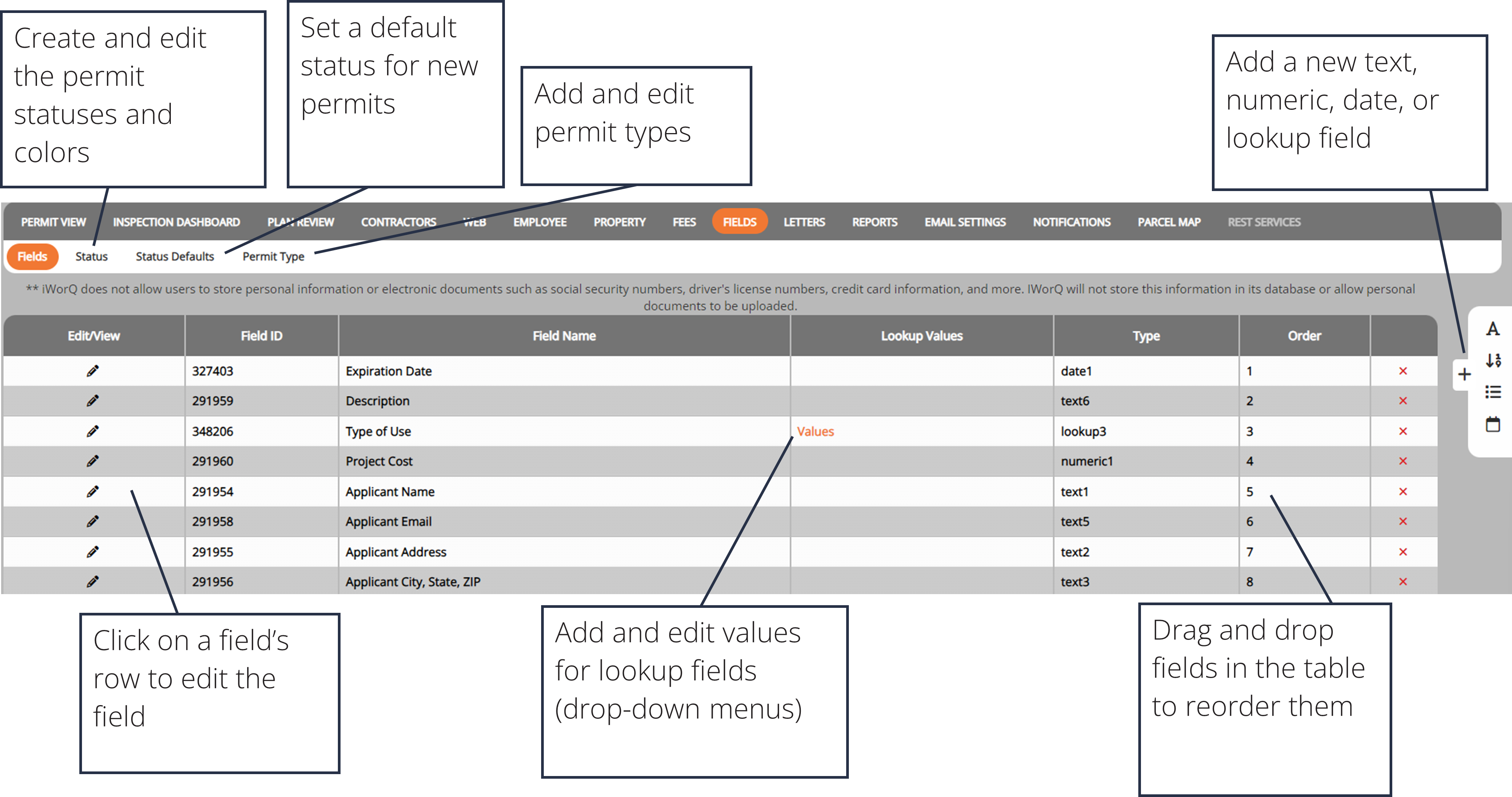 screenshot of the fields interface