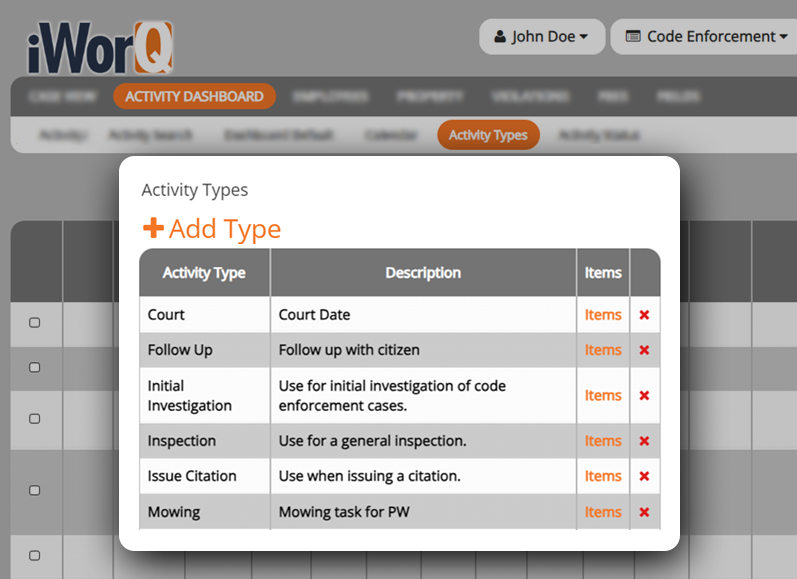 Code Enforcement Activity Type Add Items