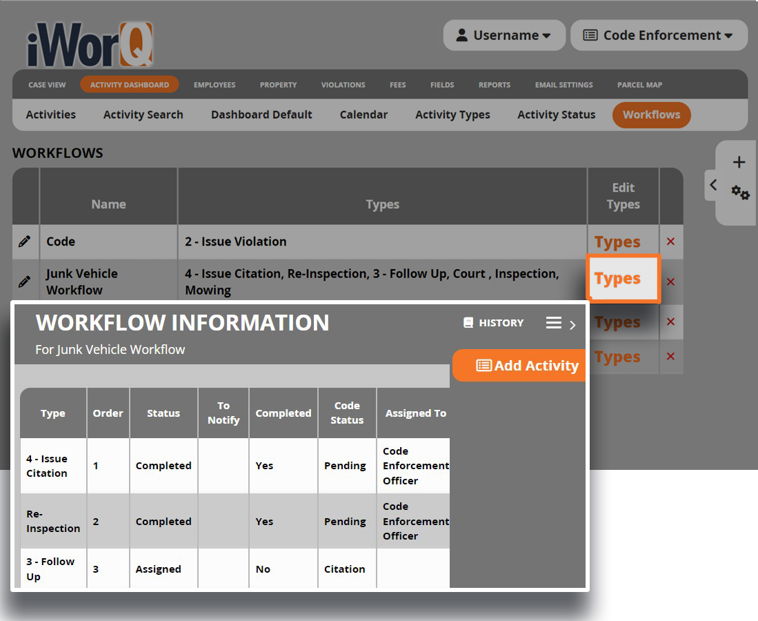 Code Enforcement Add Workflow Activities Screenshot