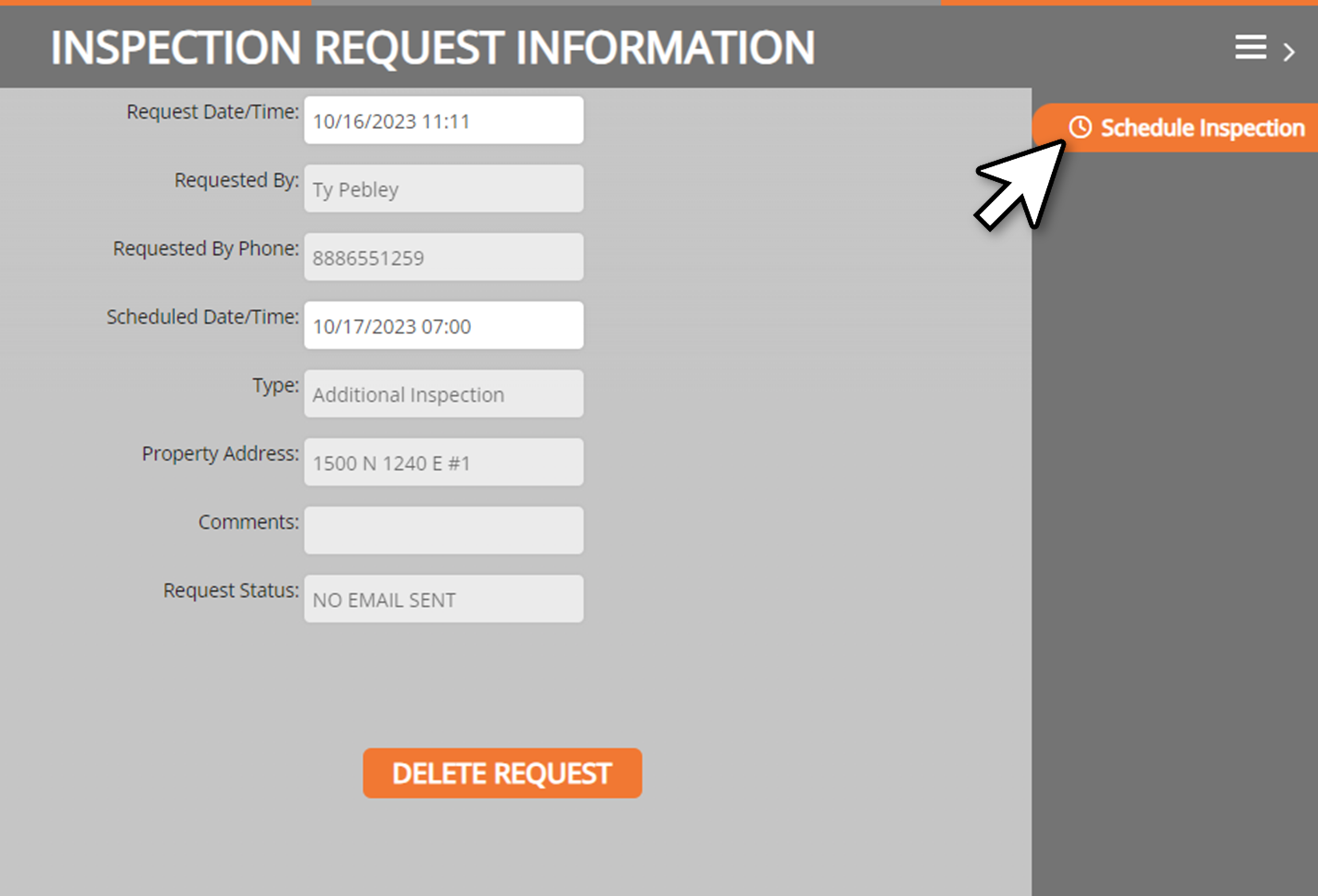 screenshot of the inspection request information window