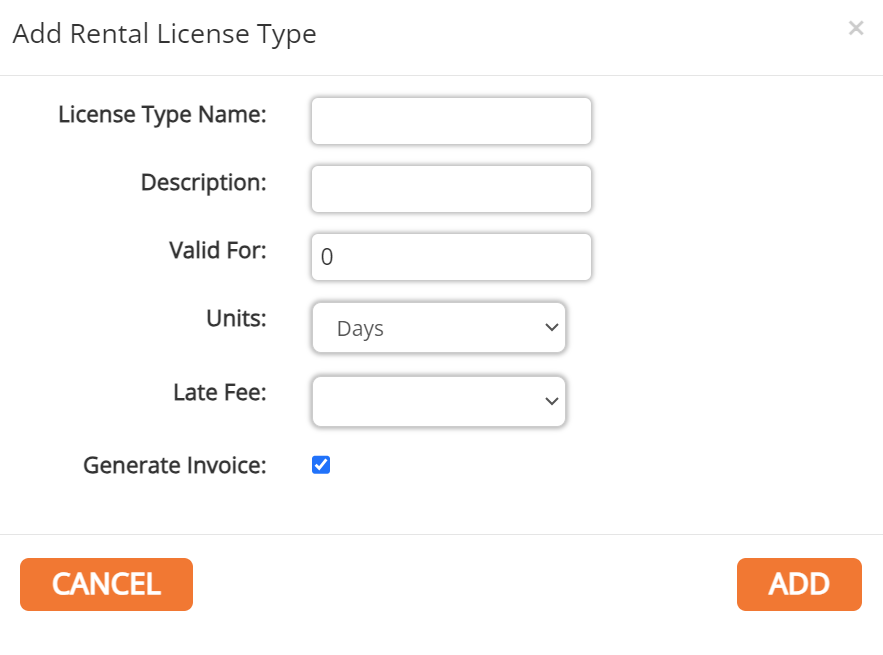 screenshot of the add rental license type window