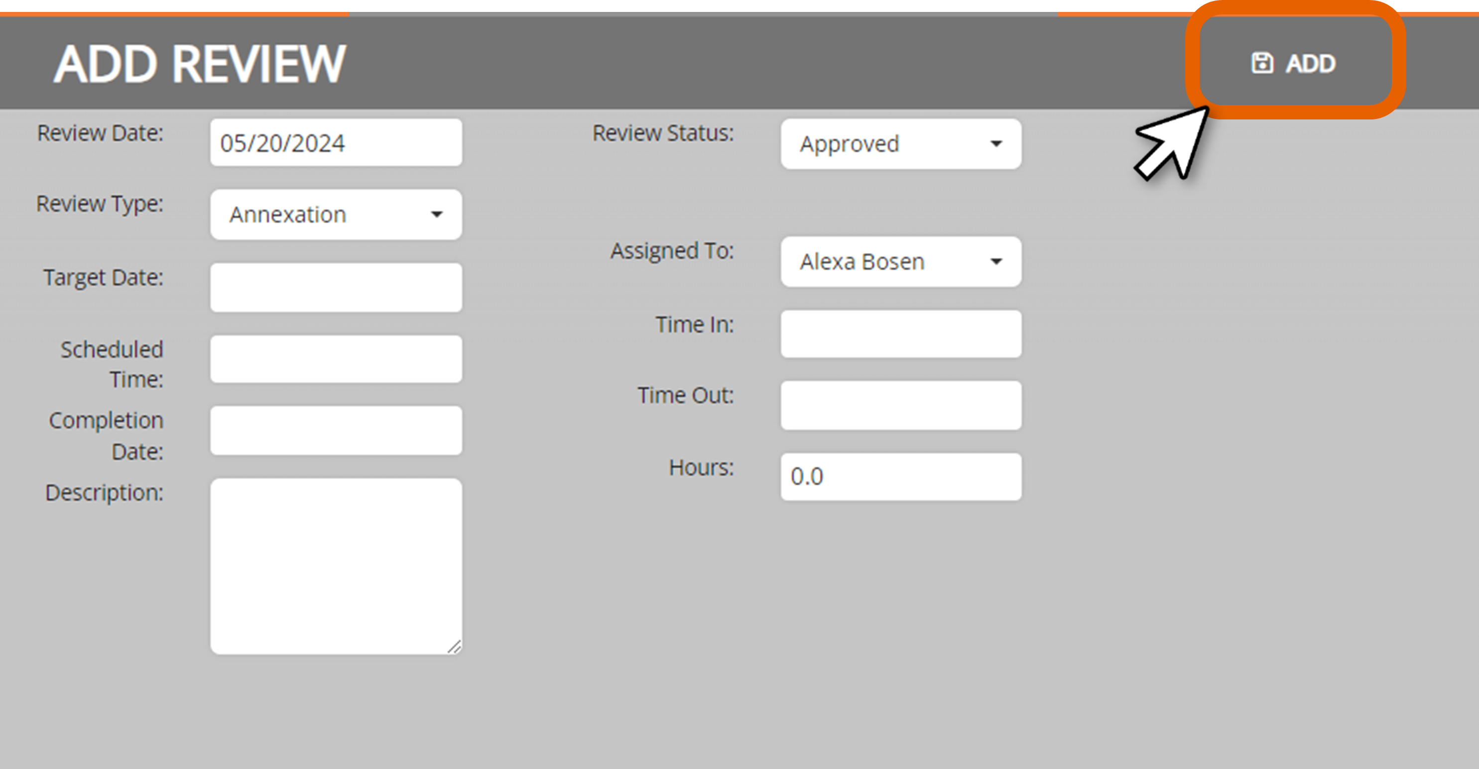 screenshot of the add review window