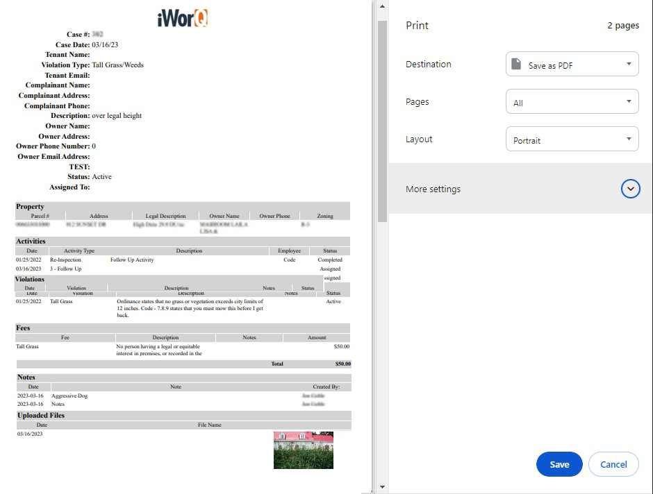 Code Enforcement Print Case History Screenshot