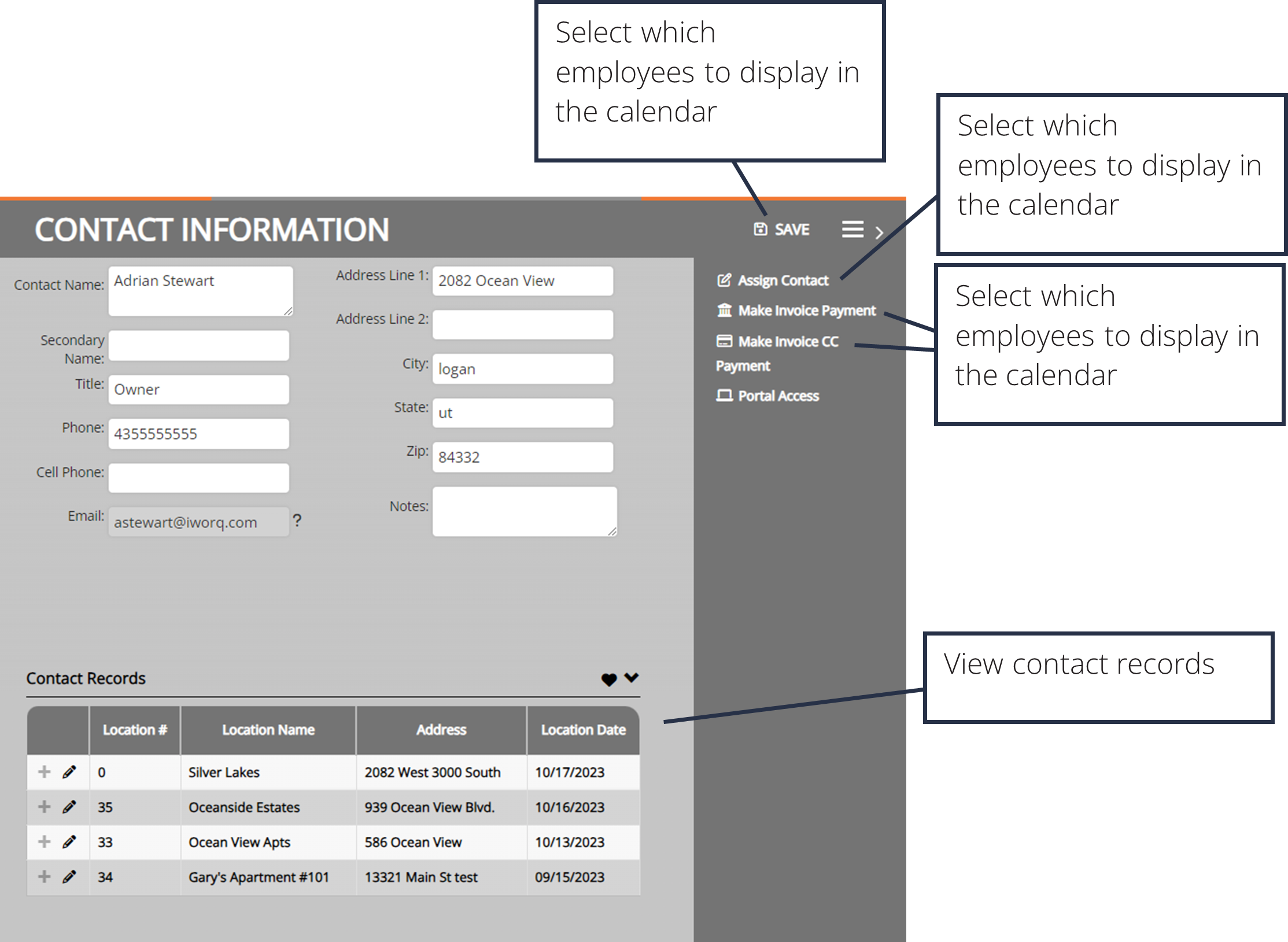 screenshot of the contact information dashboard interface