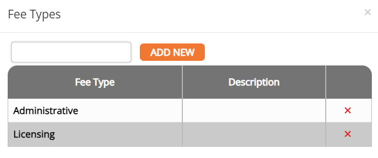 screenshot of the fee types window