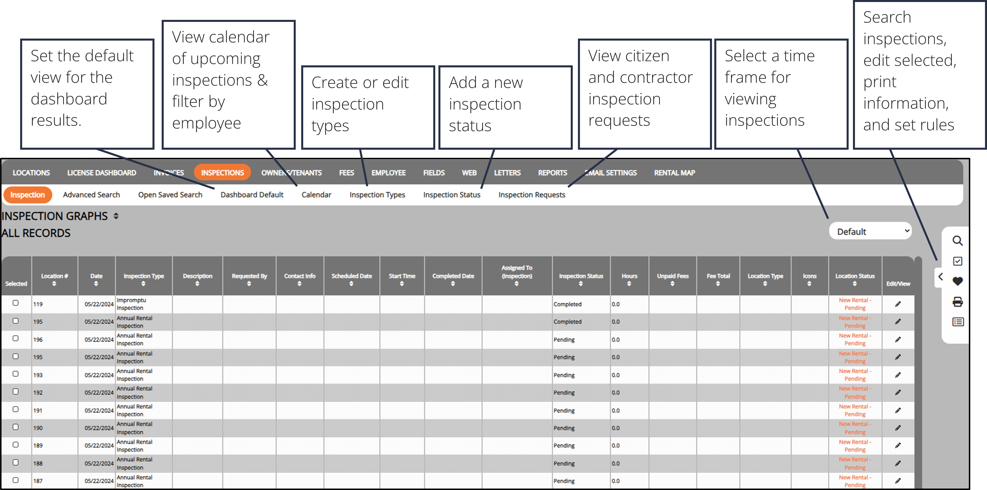 screenshot of the inspection dashboard interface