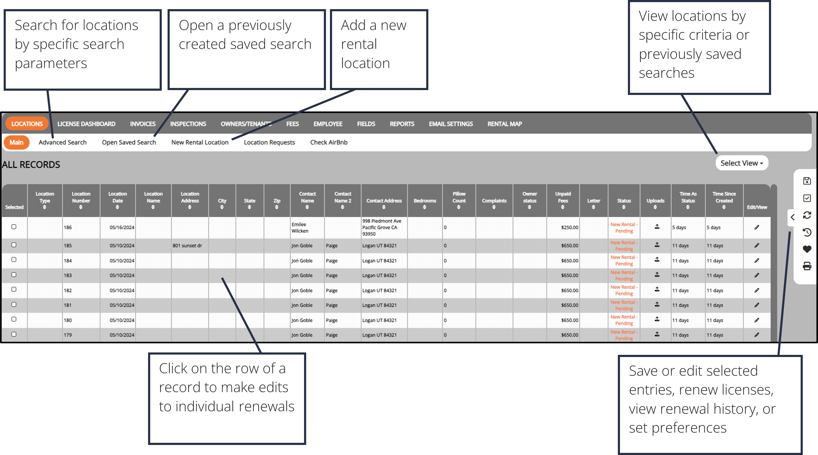 screenshot of the locations dashboard interface