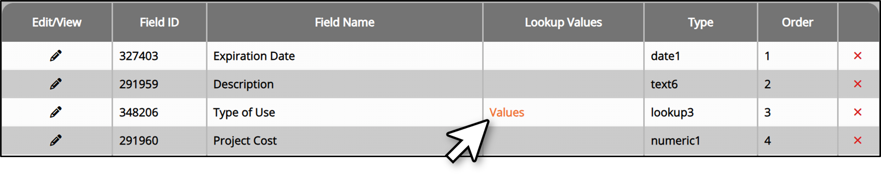 screenshot of the lookup values