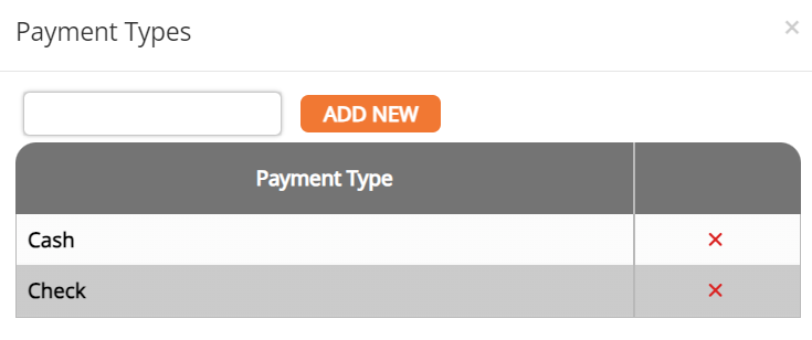 screenshot of the fee payment types window