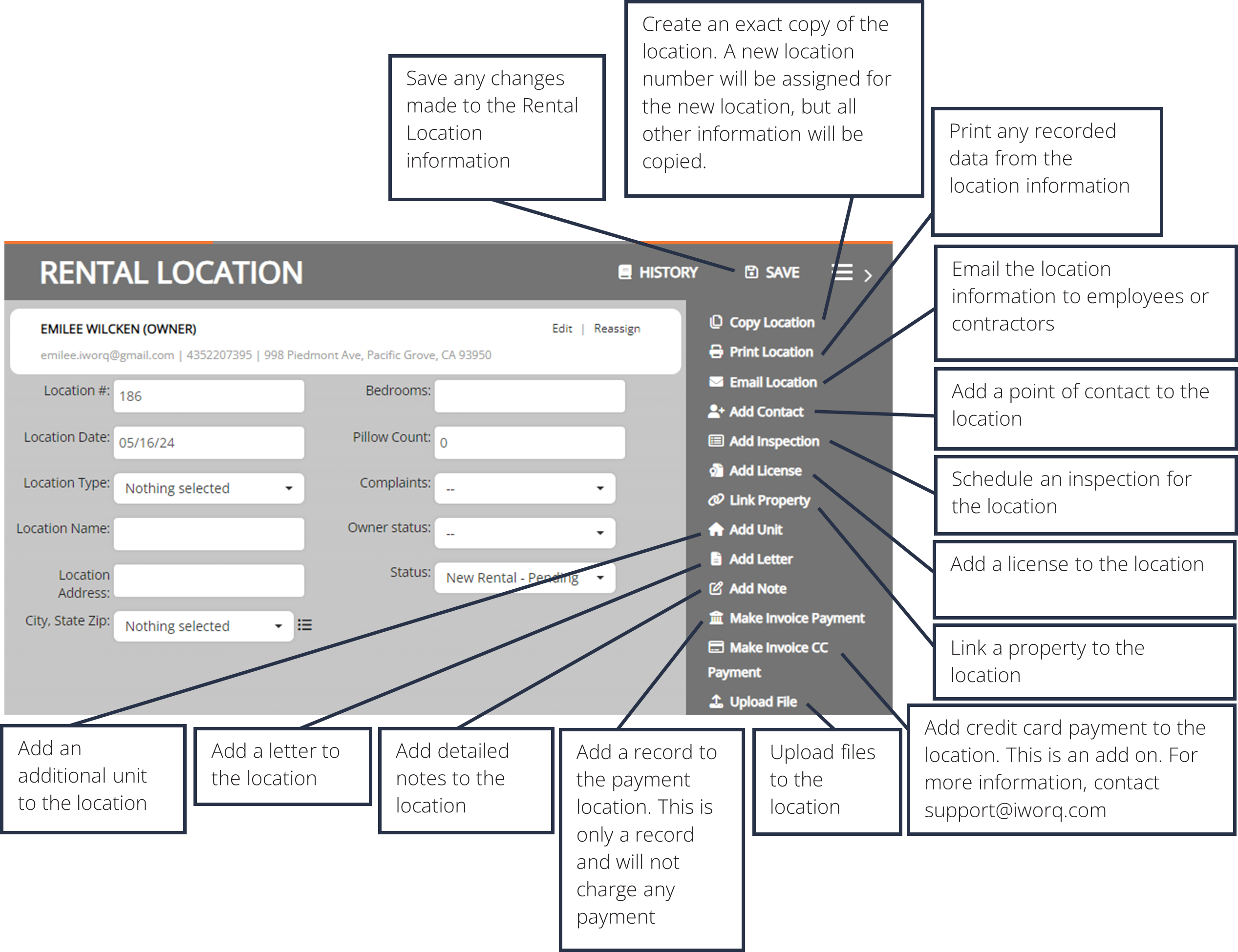 screenshot of the rental location window dashboard interface