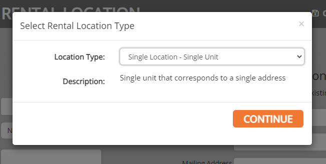 screenshot of the select rental location type window