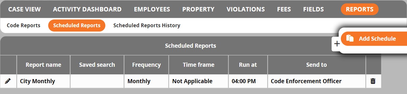 Code Enforcement Scheduled Reports Interface