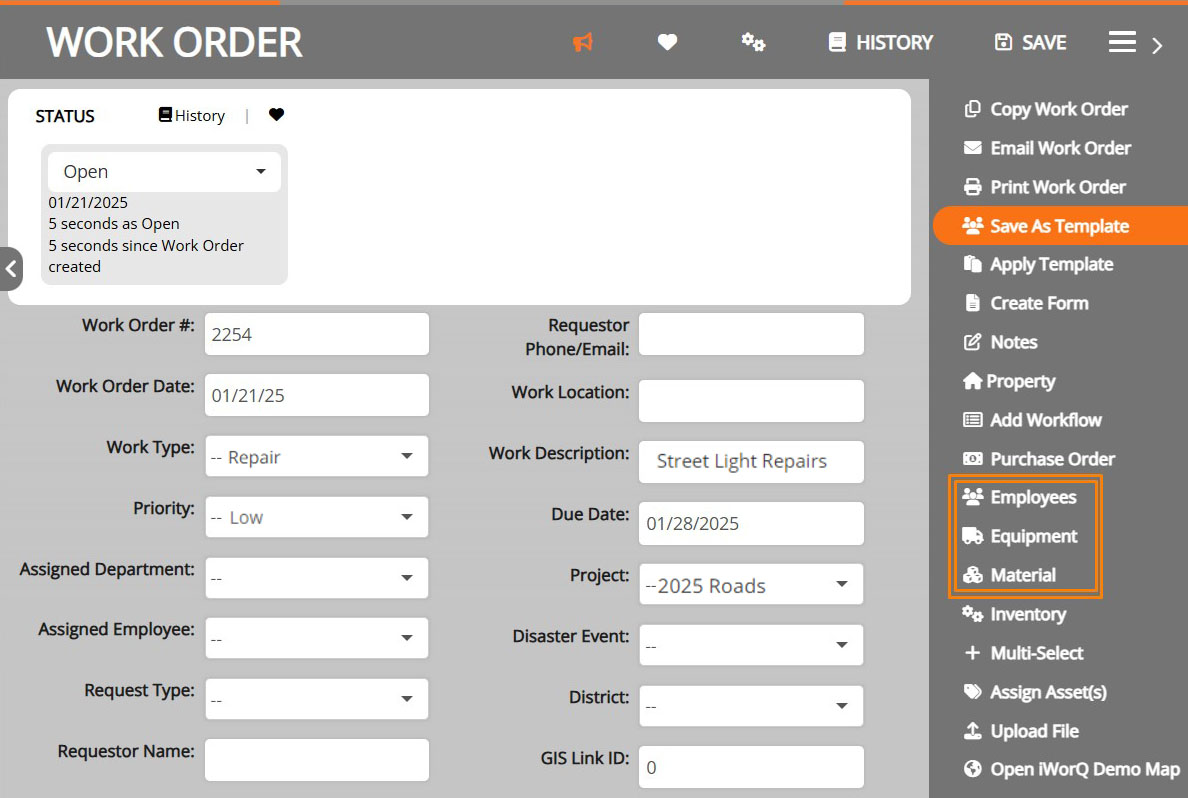 screenshot of the create work order form